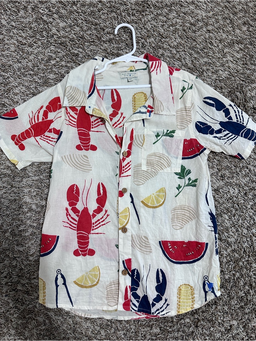 Blue Rooster, boys Seafood Print Button-Up Shirt - Red & Blue on Cream